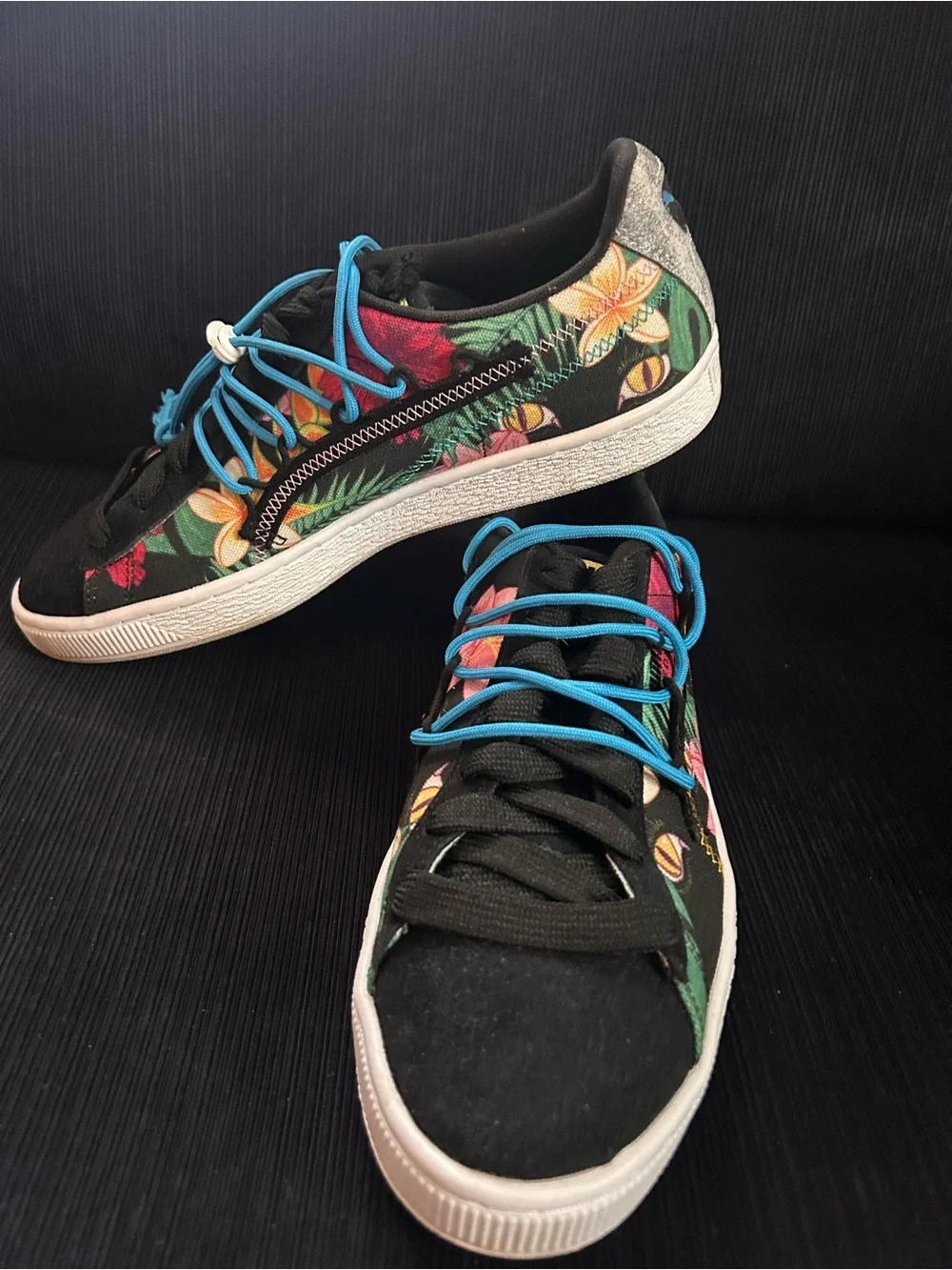 Puma Black Floral Sneakers with Bright Blue Laces